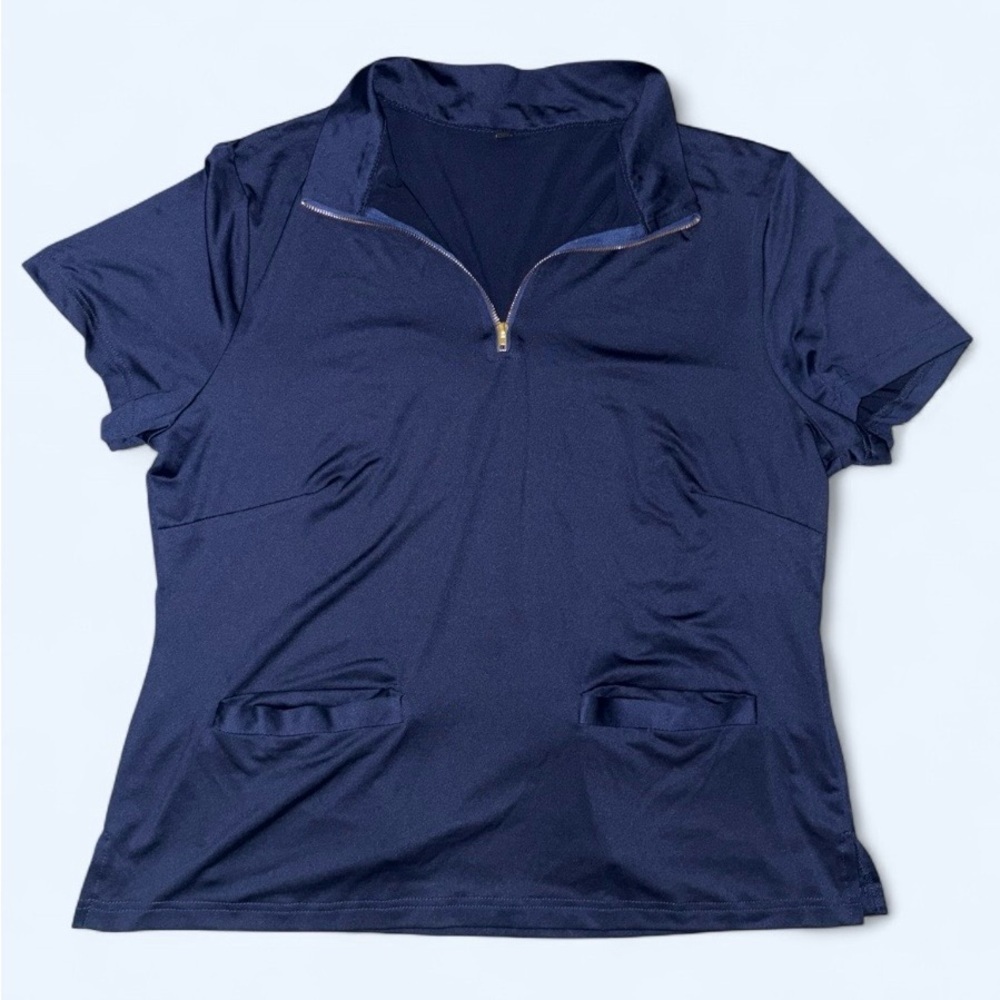 YUKIWI Navy Blue Stretch Scrub Top | 1XL | Quarter Zip - Picture 1 of 6